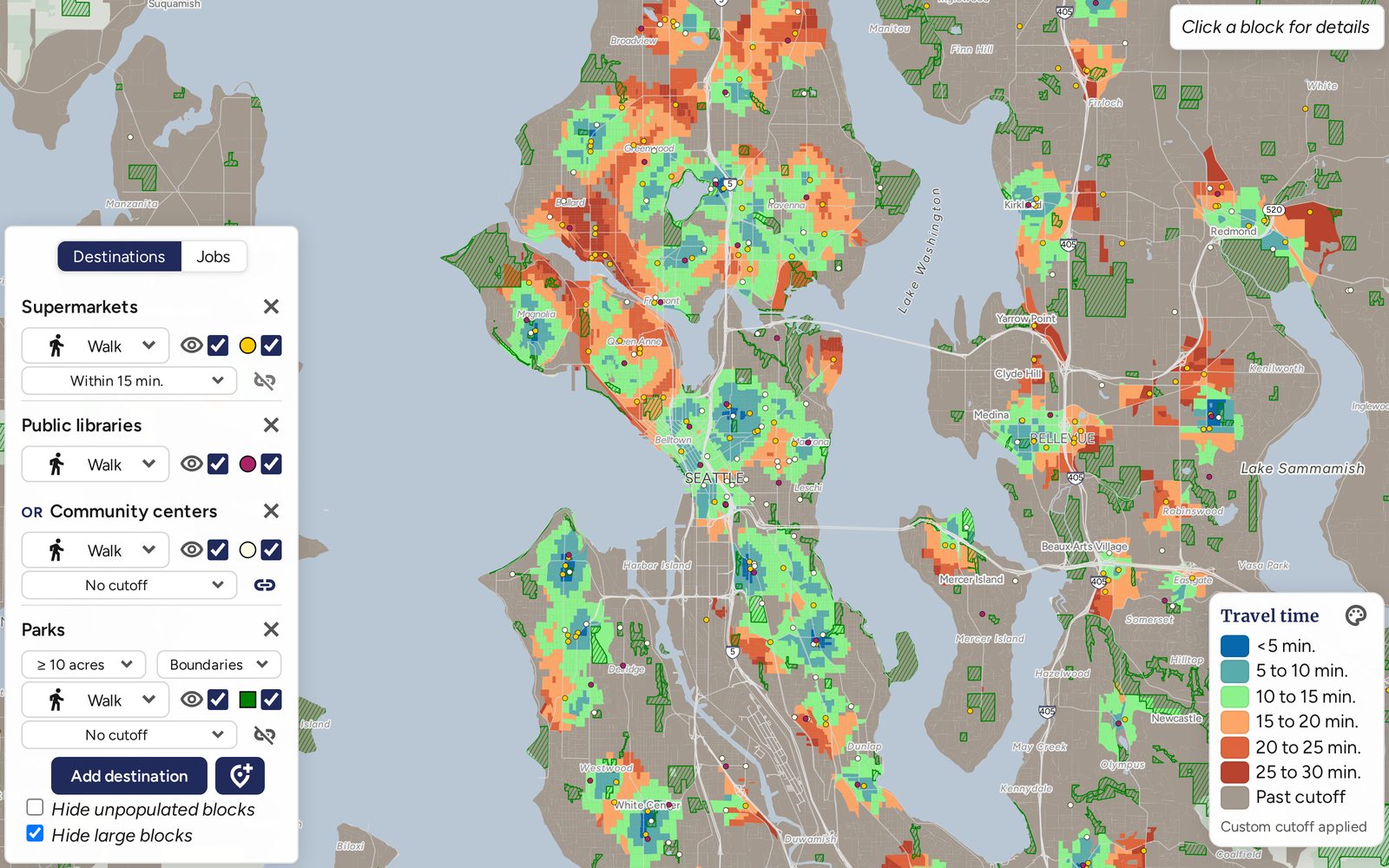 The Close map of Seattle with a 15-minute walking cutoff on
            supermarkets and an either-or group of libraries or community
            centers.