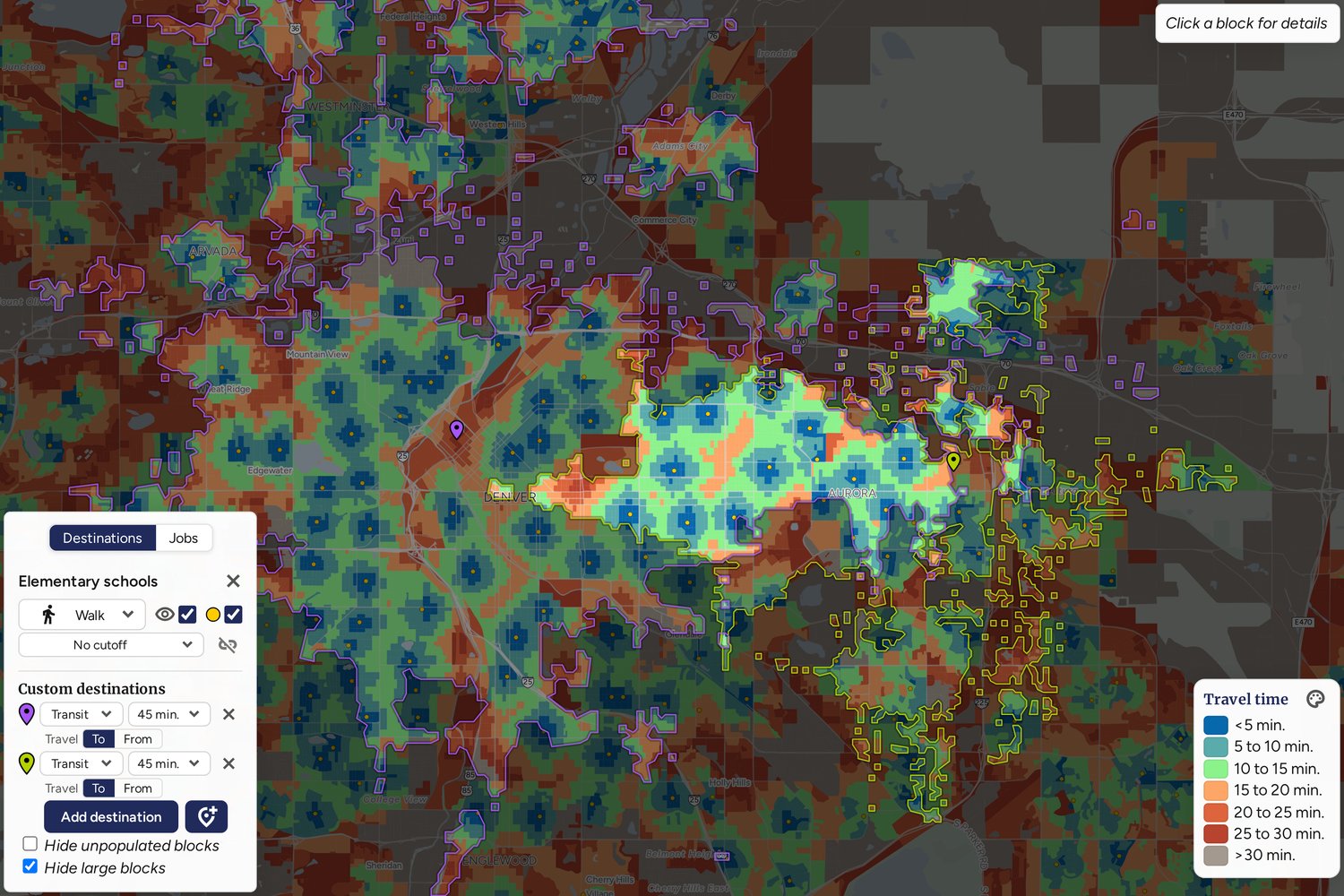 The Close map of Denver and Aurora with two custom travel-time
            areas, each a 45-minute transit shed from a dropped location, over
            an elementary-school walk-time choropleth.