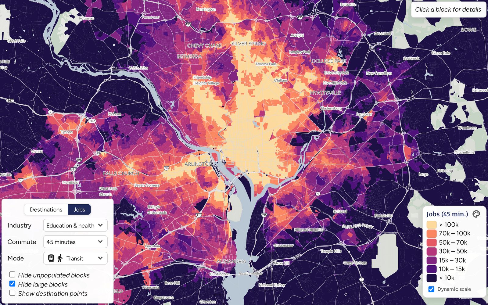 The Close jobs map of Washington DC, showing education and health
            jobs reachable within 45 minutes by walking and transit.
