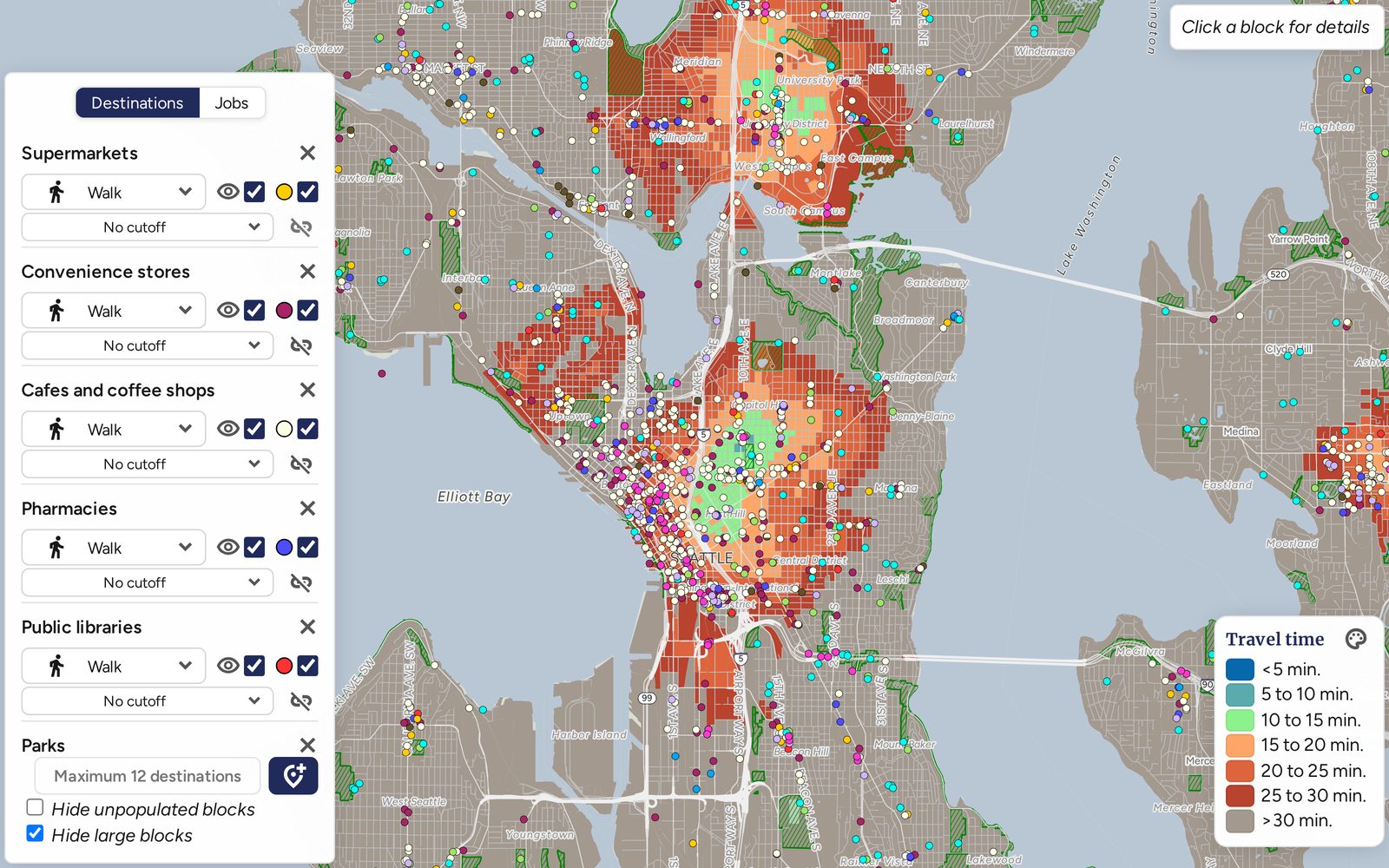 The Close map of central Seattle with twelve destination types
            selected at once, including bakeries and hardware stores.